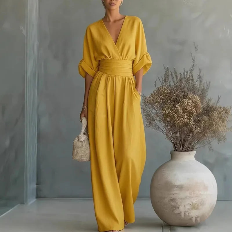 OL Style Solid High Waist Draped Jumpsuits Woman  Spring V Neck Wide Leg Trousers Overalls Casual Half Sve Rompers Outfit