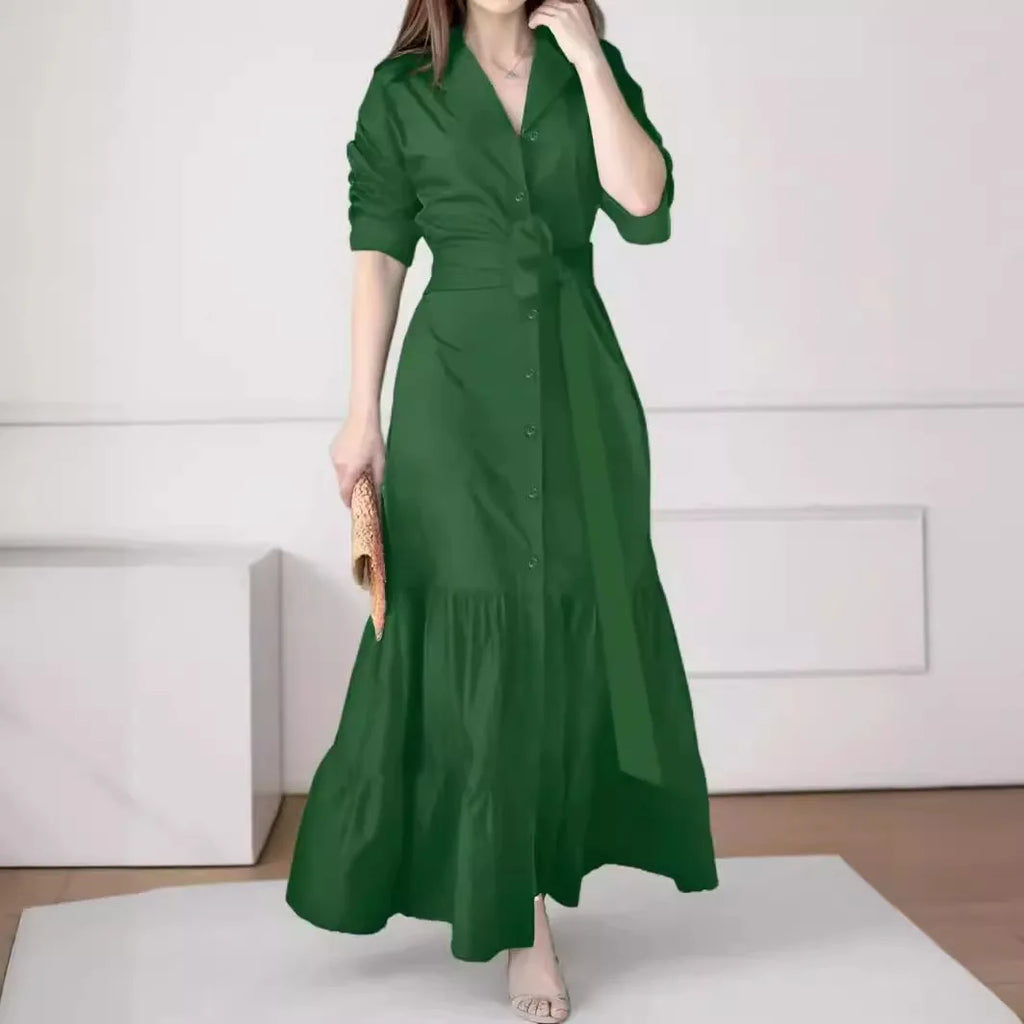 Women's Shirt Dress Suit Collar Fashion Button Belt Bow High Waist flattering and Elegant Office Skirt