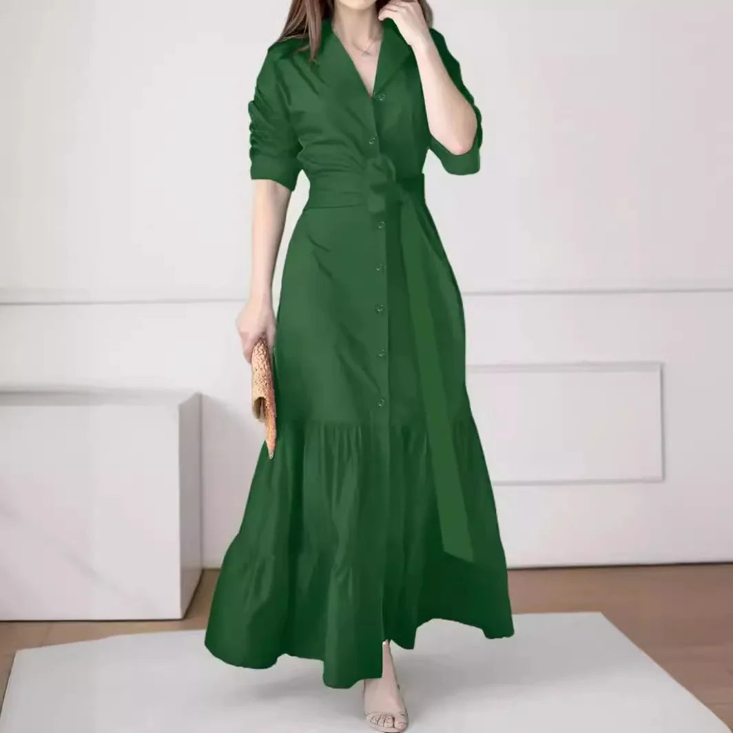 Women's Shirt Dress Suit Collar Fashion Button Belt Bow High Waist flattering and Elegant Office Skirt