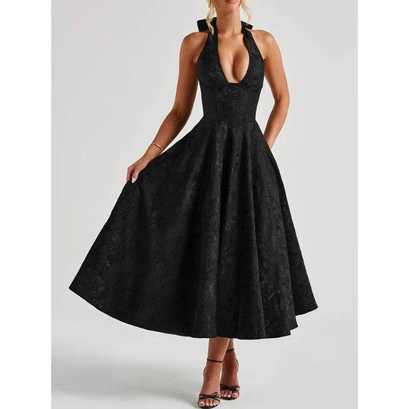 Deeptown Elegant  Evening Party Dresses Women Korean Style Halter V-neck Dress Sweet Backless Yellow Summer Solid Midi Dress