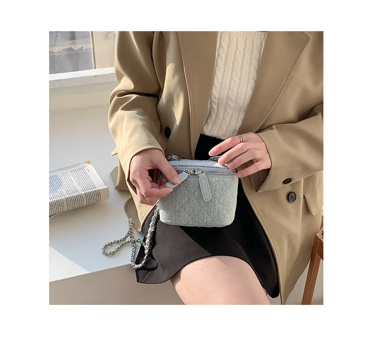 Mini Denim Chain Box Crossbody Bag