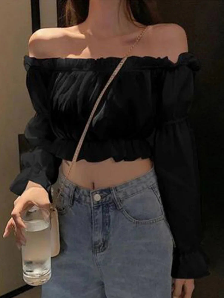 Off Shoulder Puff Sve Ruffle Crop Top