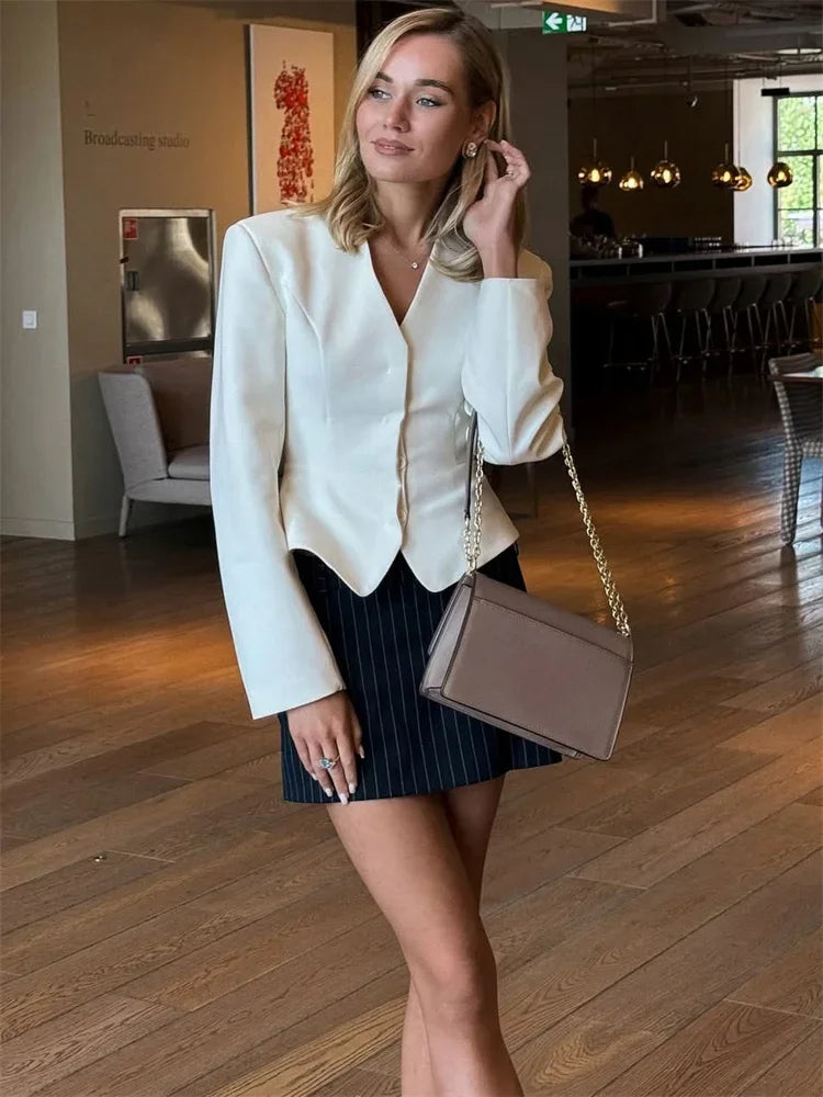 Women Short Dress Set Fashion Striped V-Neck Luxury Ribbon Blazer Skirt