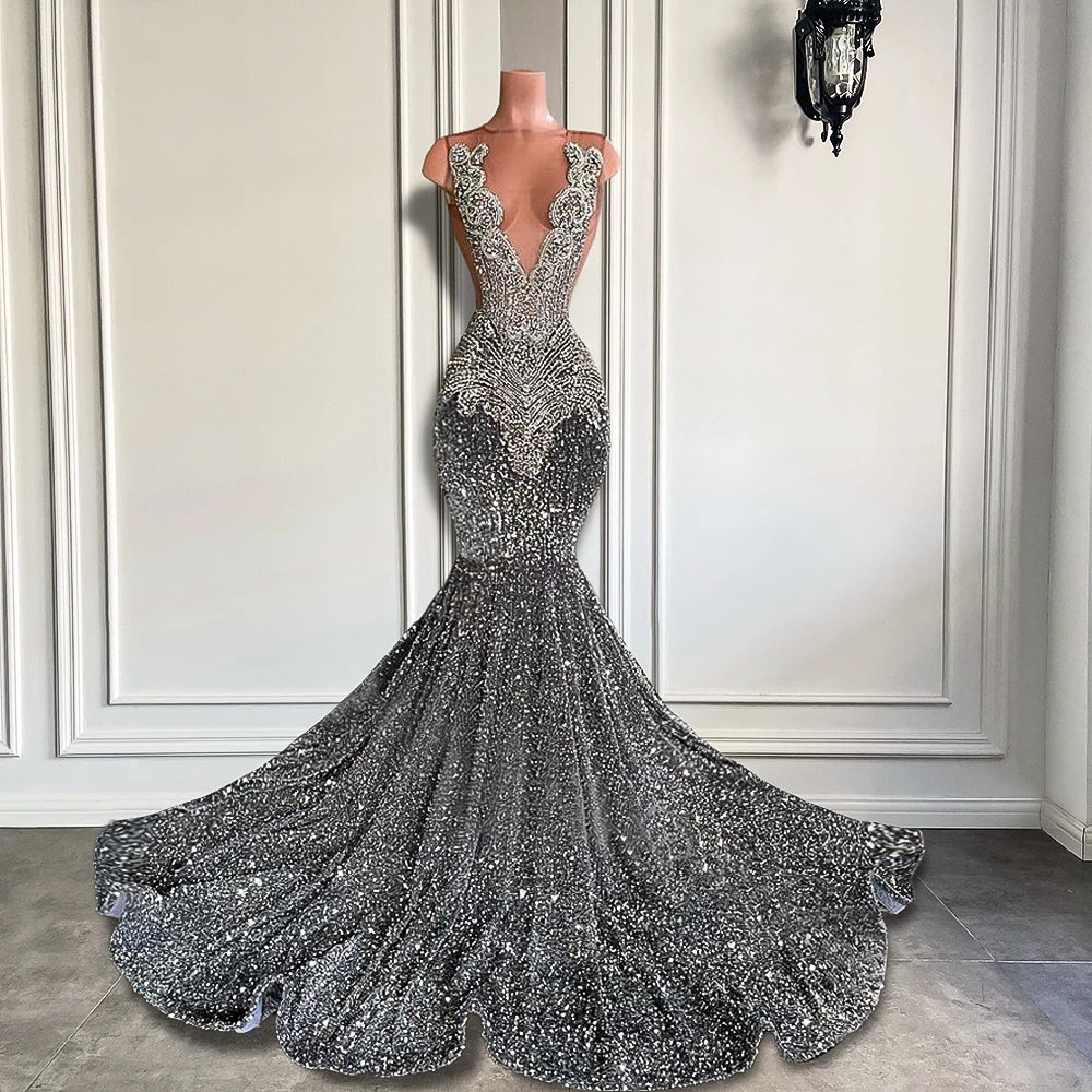 Silver Crystal Sequin Mermaid Gown