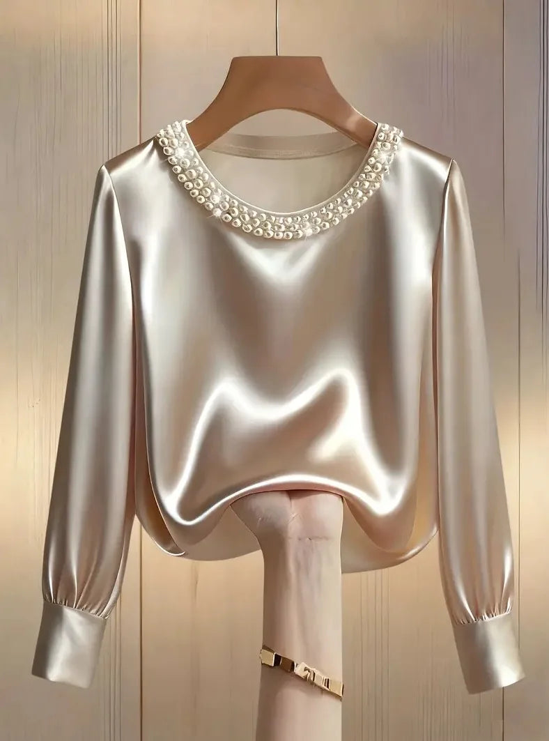 Pearl O-Neck Satin Boho Blouse