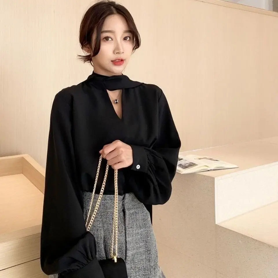 V-Neck Lace-Up Korean Office Blouse