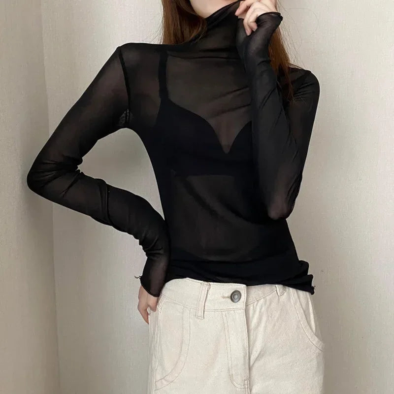 High-Neck Lace See-Through Long Sve Blouse