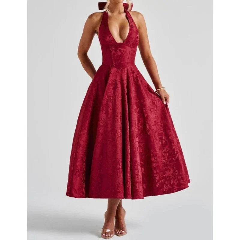 Deeptown Elegant  Evening Party Dresses Women Korean Style Halter V-neck Dress Sweet Backless Yellow Summer Solid Midi Dress