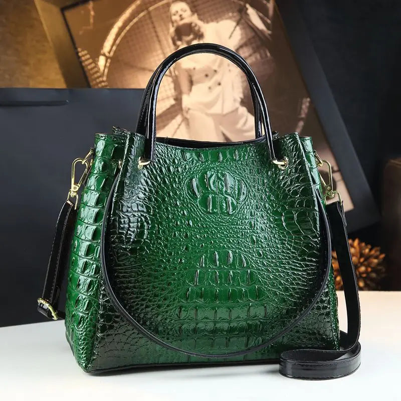 Genuine Leather Crocodile Print Bucket Bag