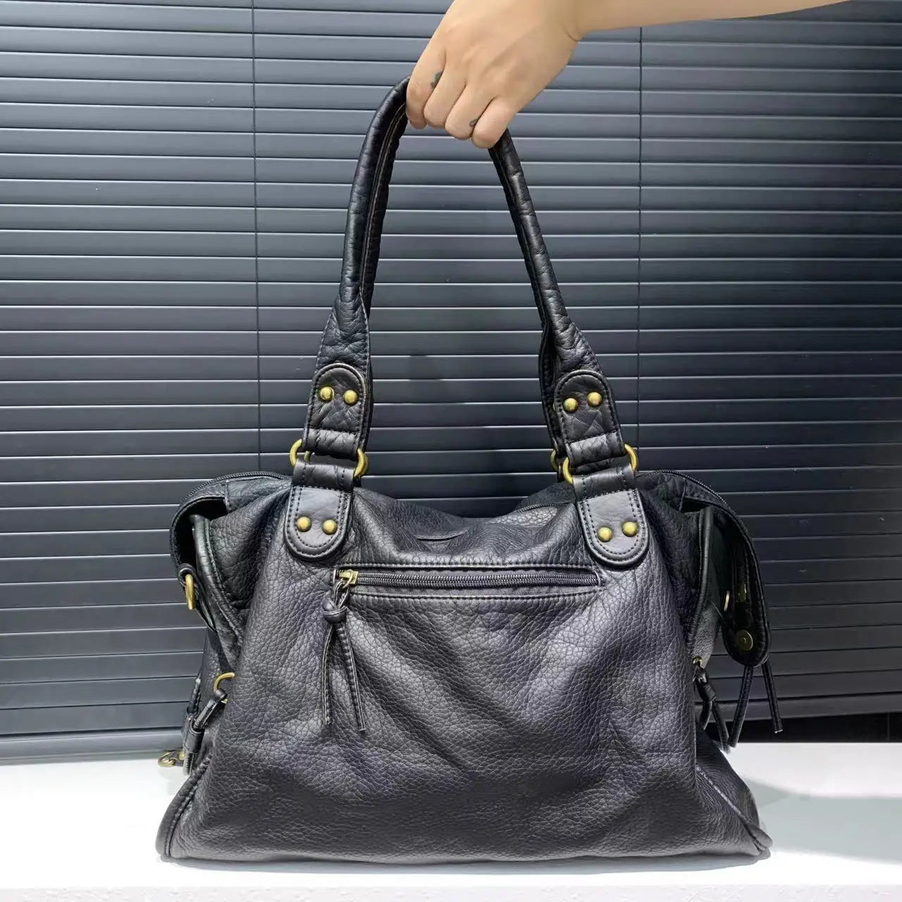 Y2K Washed Leather Motorcycle Shoulder Bag