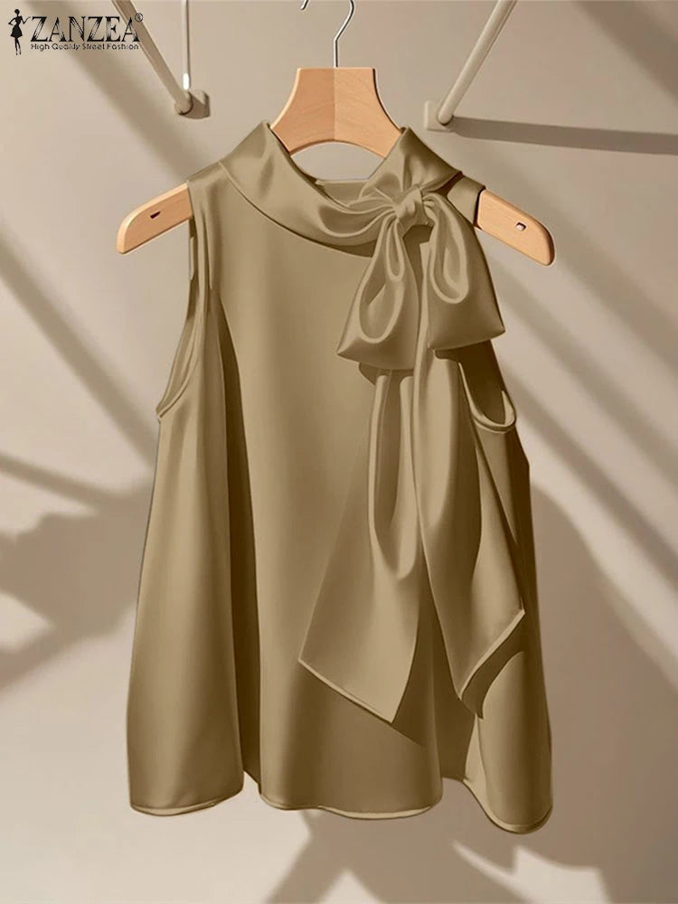 Elegant Bow Tie Blouse | Satin Sleeveless Solid Color Half High Collar Casual Fashion Shirt