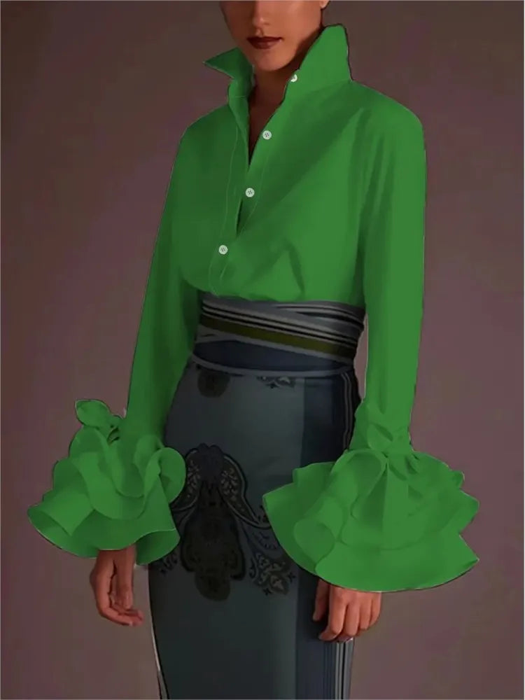 Flared Sve Lapel Button Office Blouse