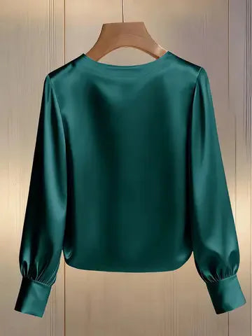 Pearl O-Neck Satin Boho Blouse