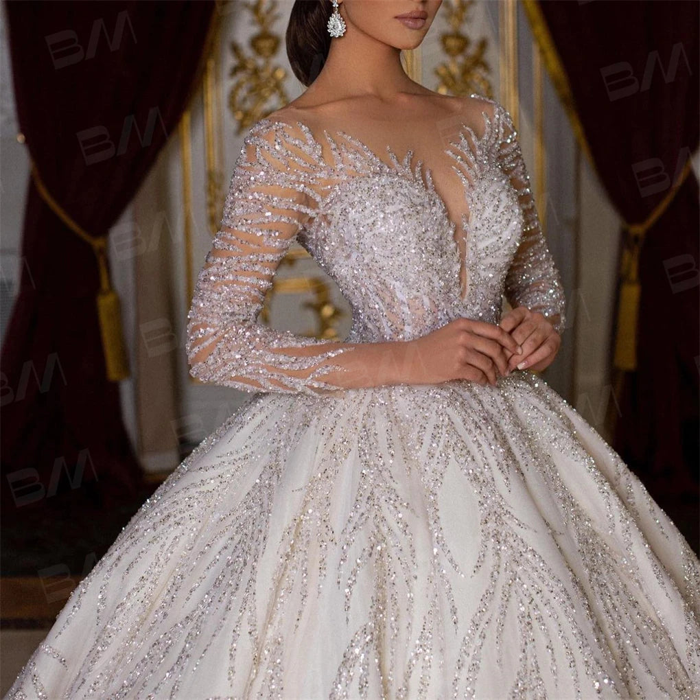 Hand Beaded Long Sleeve Ball Gown Wedding Dress | Chapel Train Bridal Gown