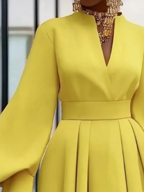 Gymystars Long Dresses with Sleeves Yellow Summer Dress Woman 2026 Fashion A - Line V - Neck Casual Pleated Party Mini Dress Female - Nitamoje