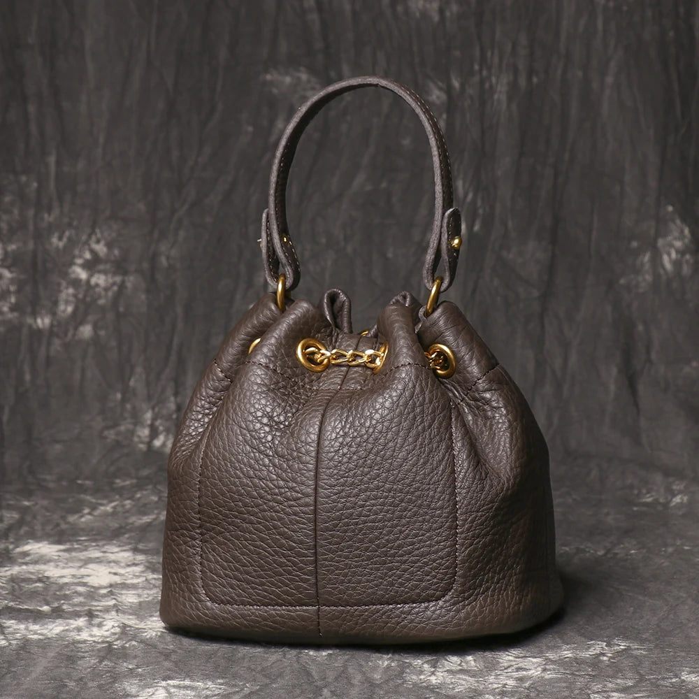 Metal Drawstring Genuine Leather Chain Bucket Bag