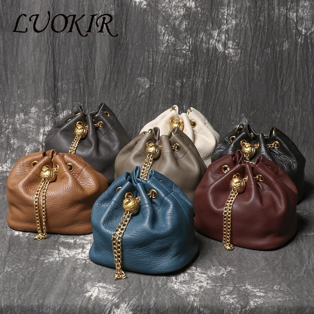 Metal Drawstring Genuine Leather Chain Bucket Bag - Nitamoje