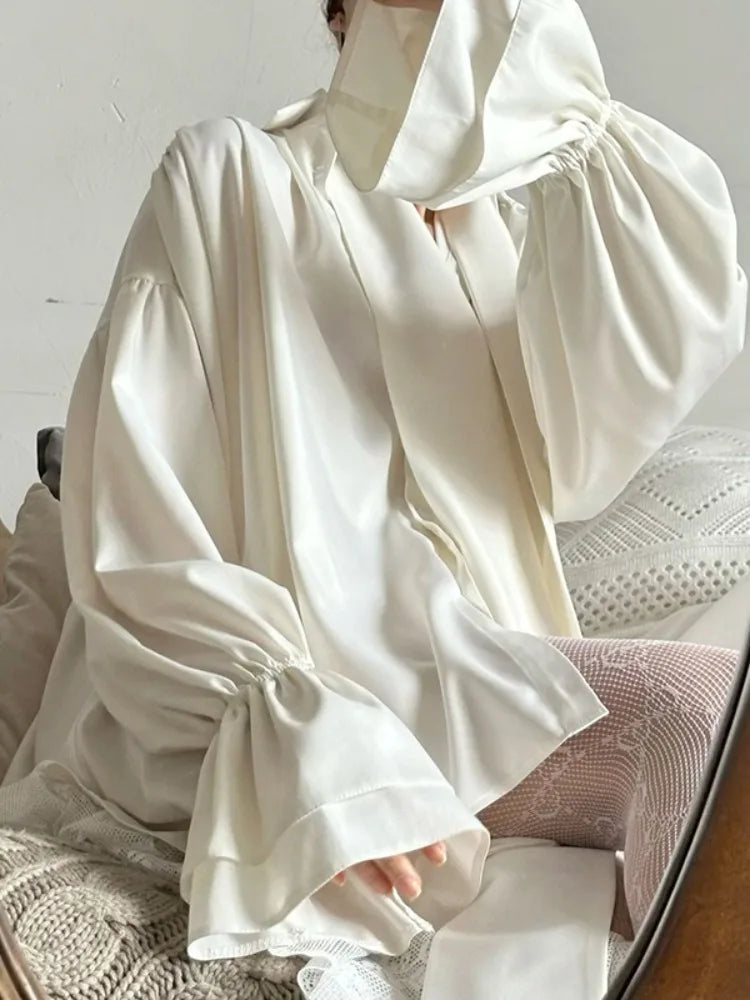 Satin Puff Sve Lapel Blouse with Scarf