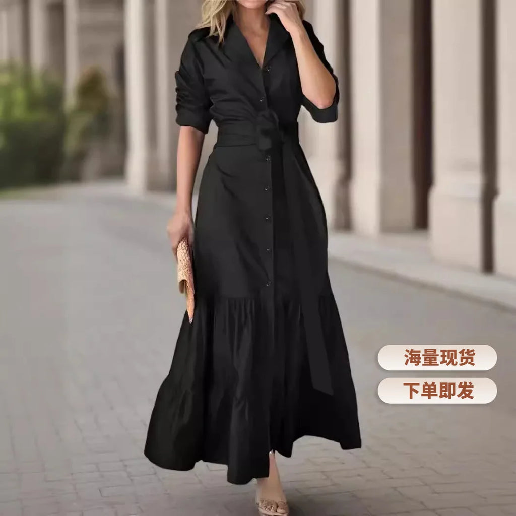 Women's Shirt Dress Suit Collar Fashion Button Belt Bow High Waist flattering and Elegant Office Skirt