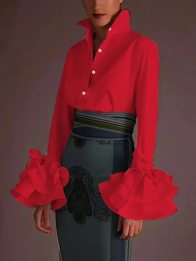 Flared Sve Lapel Button Office Blouse