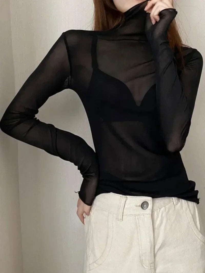 High-Neck Lace See-Through Long Sve Blouse
