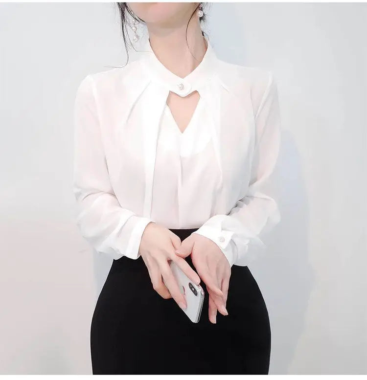 Solid Blouses Women Chiffon Shirts Long Sve flattering Hollow chic All-match Basic Spring Summer Tops Thin Chic Elegant Female Ins