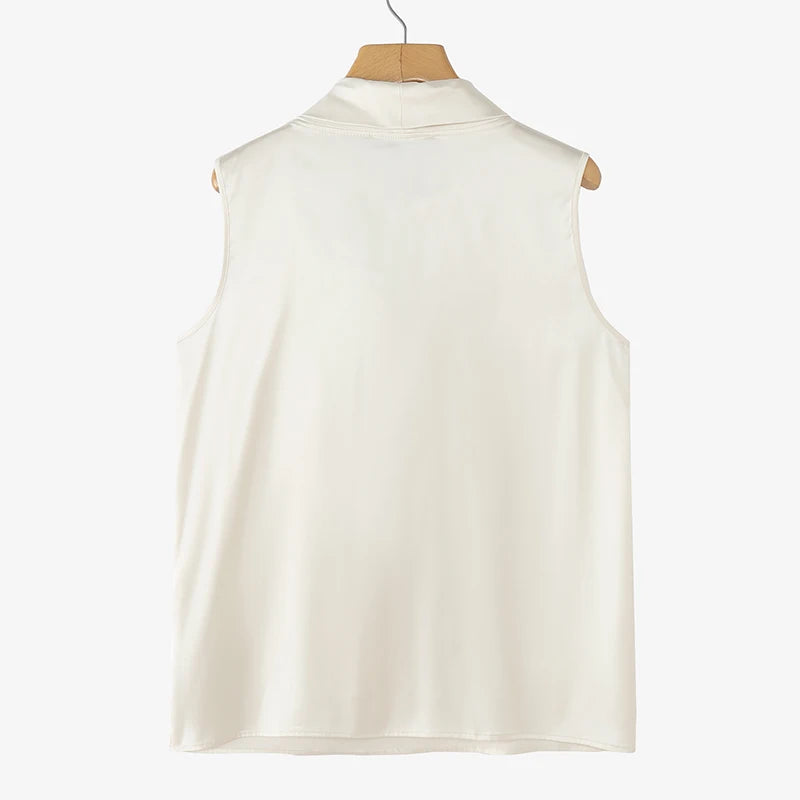 Elegant Bow Tie Blouse | Satin Sleeveless Solid Color Half High Collar Casual Fashion Shirt