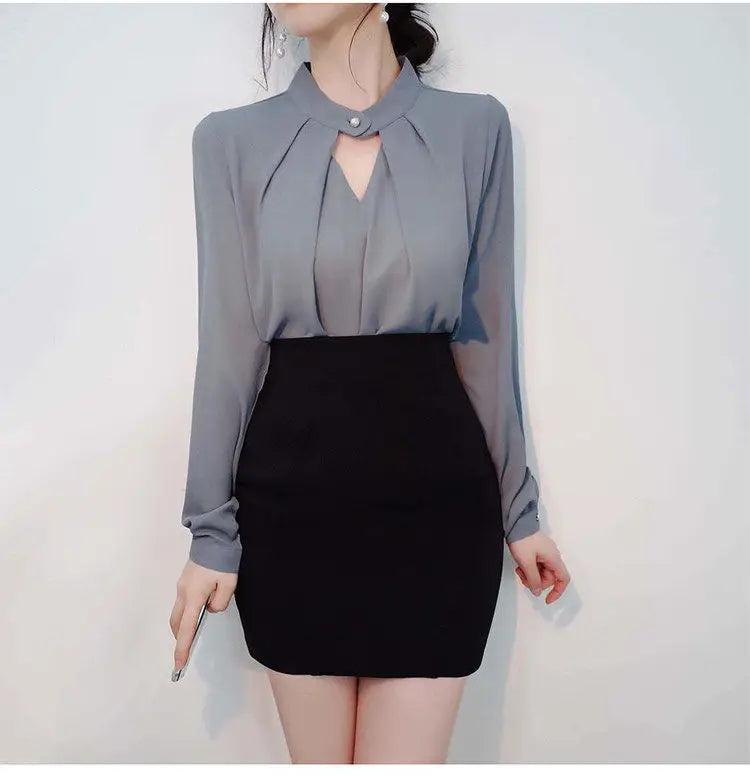 Solid Blouses Women Chiffon Shirts Long Sve flattering Hollow chic All-match Basic Spring Summer Tops Thin Chic Elegant Female Ins