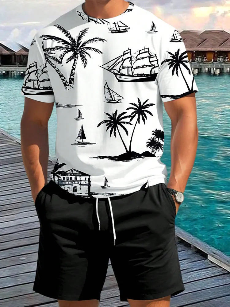 Men's Gradient Print Short Sleeve & Shorts Summer Set