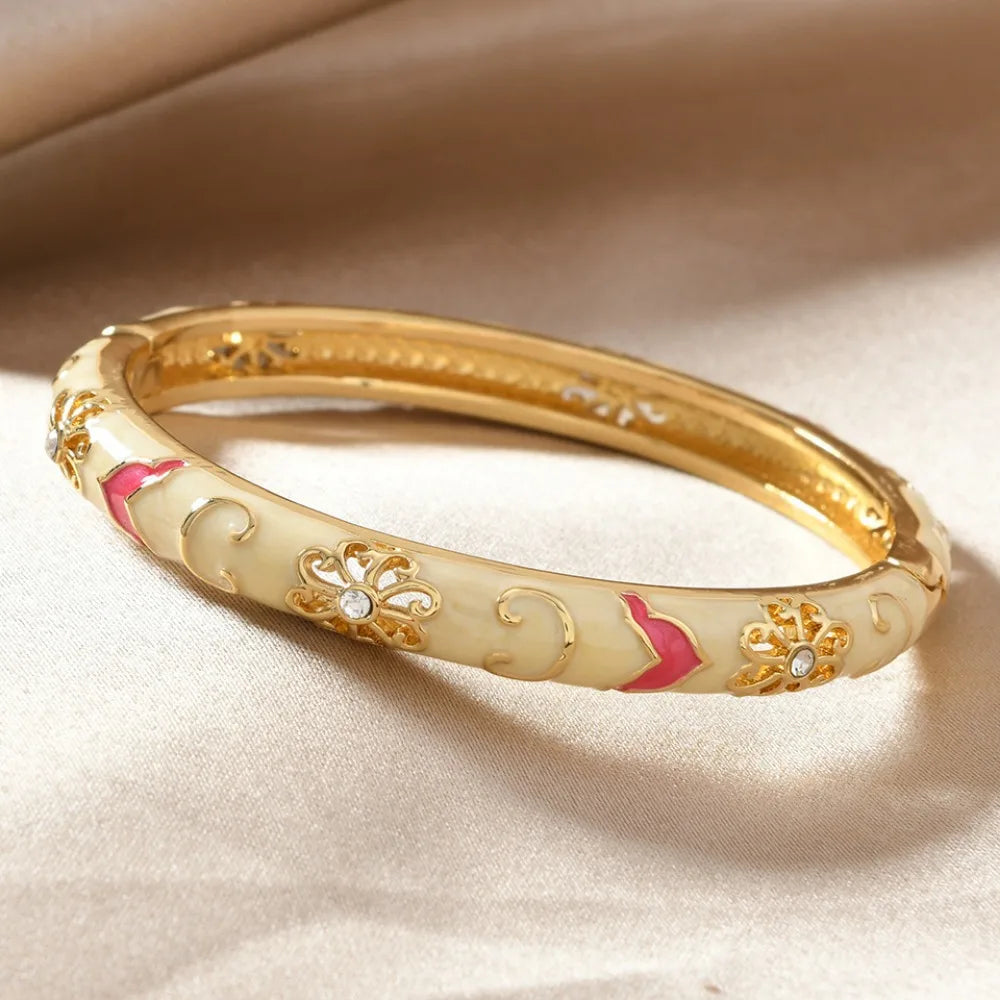 Ethnic Enamel Flower Cuff Bracelet | Gold Tone Stainless Steel Bangle for Women
