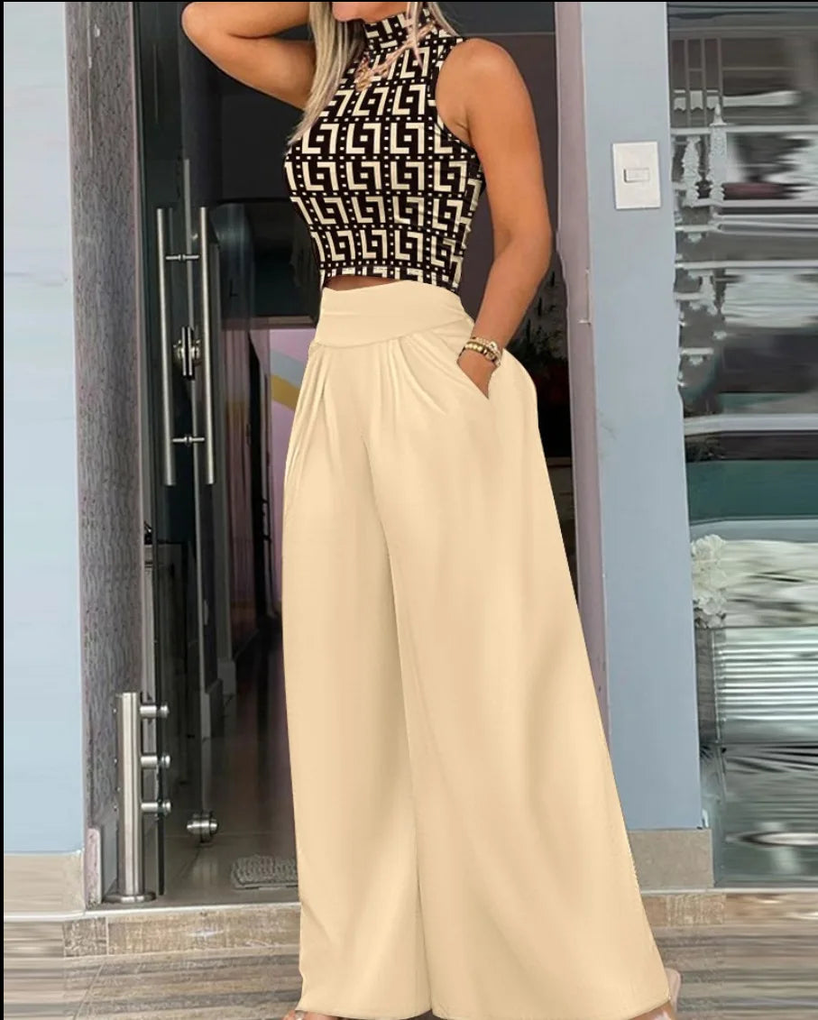 Women  Print Two-piece Set, Smooth Sleeveless T-shirt, Wide Leg Pants,