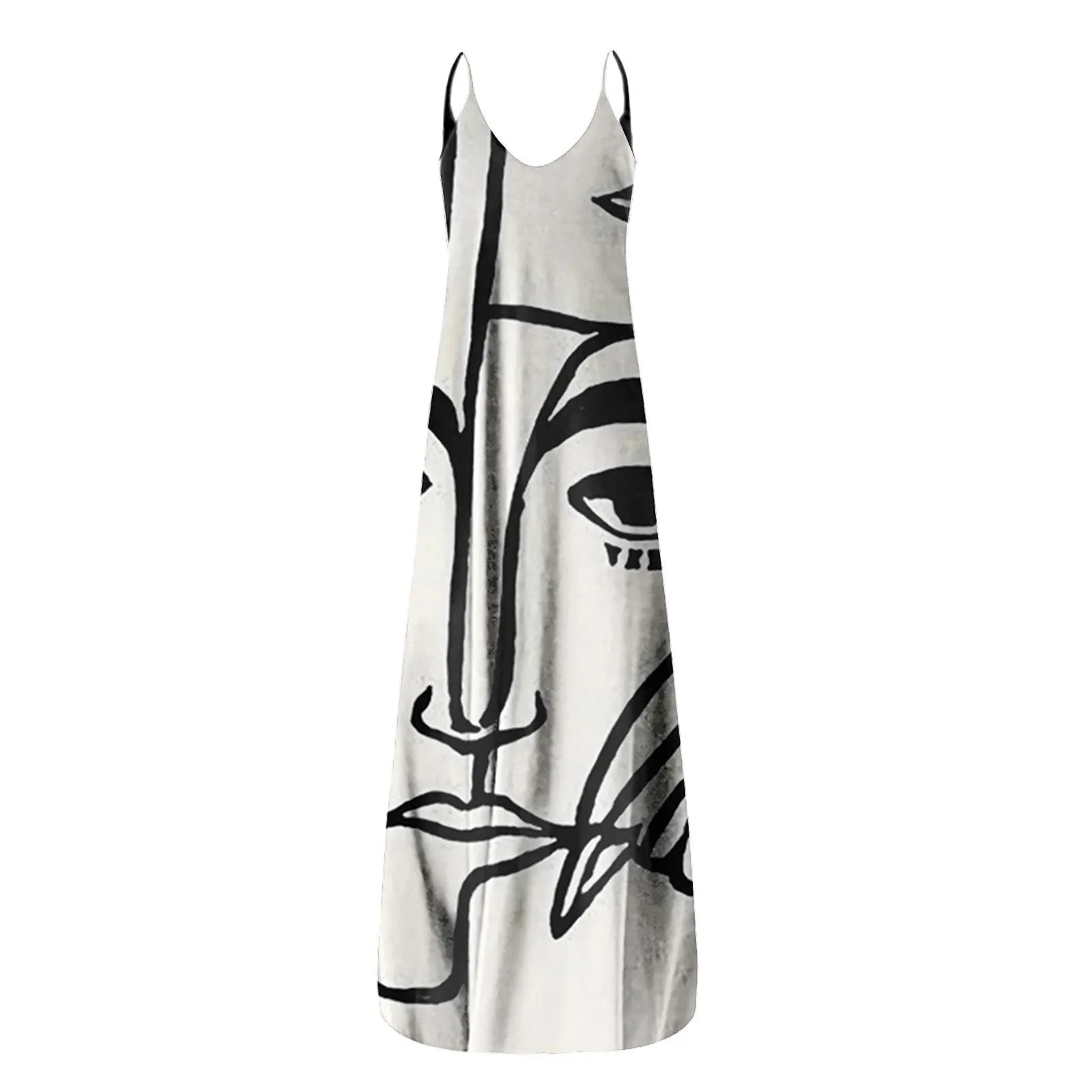 Women's Summer Strapless Long Dress With Abstract Face Digital Print