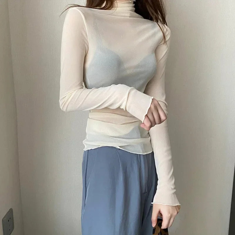 High-Neck Lace See-Through Long Sve Blouse
