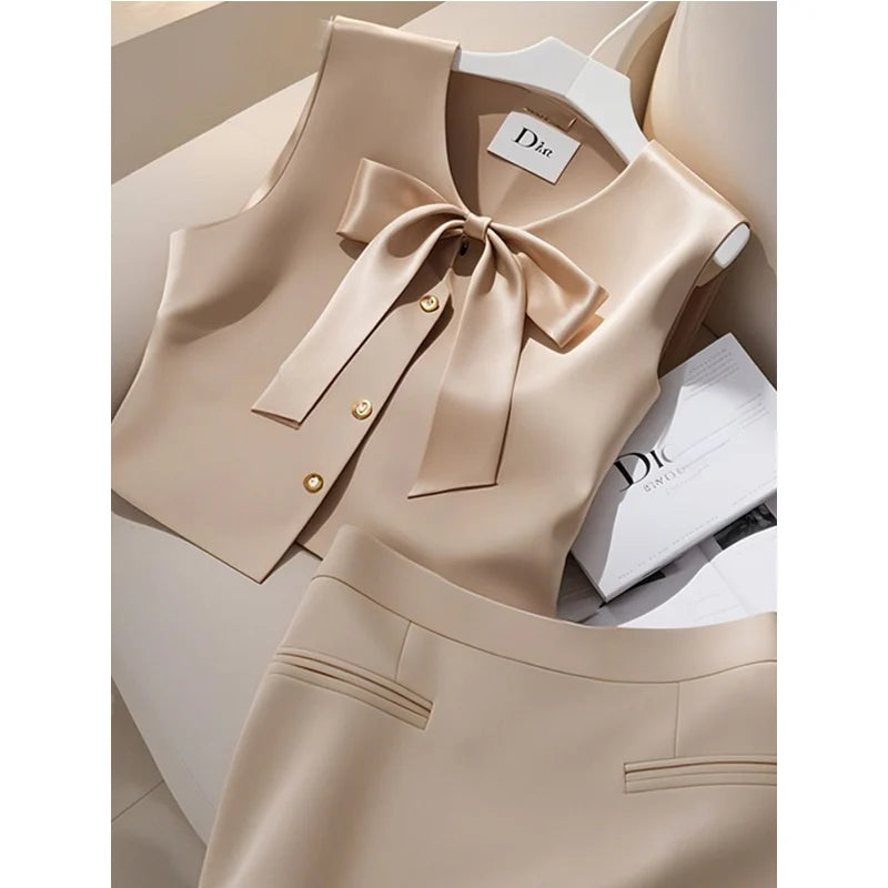 Women Clothes Elegant Two-piece  Fashionable Bow Sleeveless Dress Sets