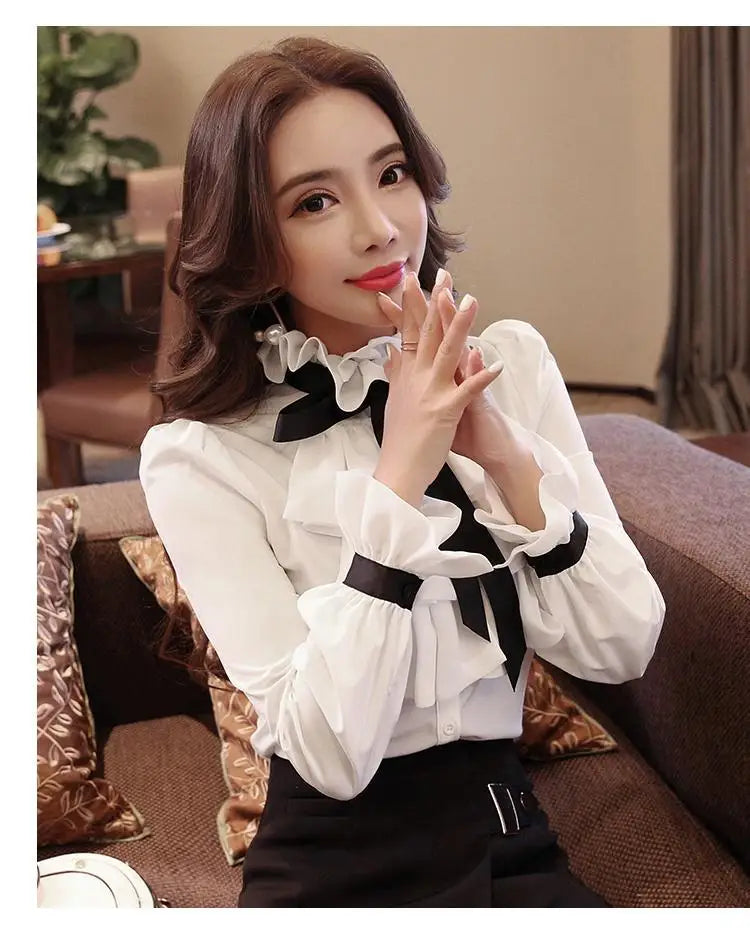 Elegant Women's Summer Blouse | Casual Ruffle Bow Long Sleeve Top White Shirt
