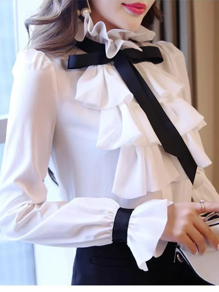 Elegant Women's Summer Blouse | Casual Ruffle Bow Long Sleeve Top White Shirt