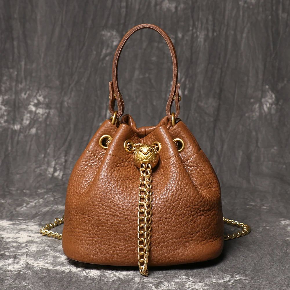 Metal Drawstring Genuine Leather Chain Bucket Bag