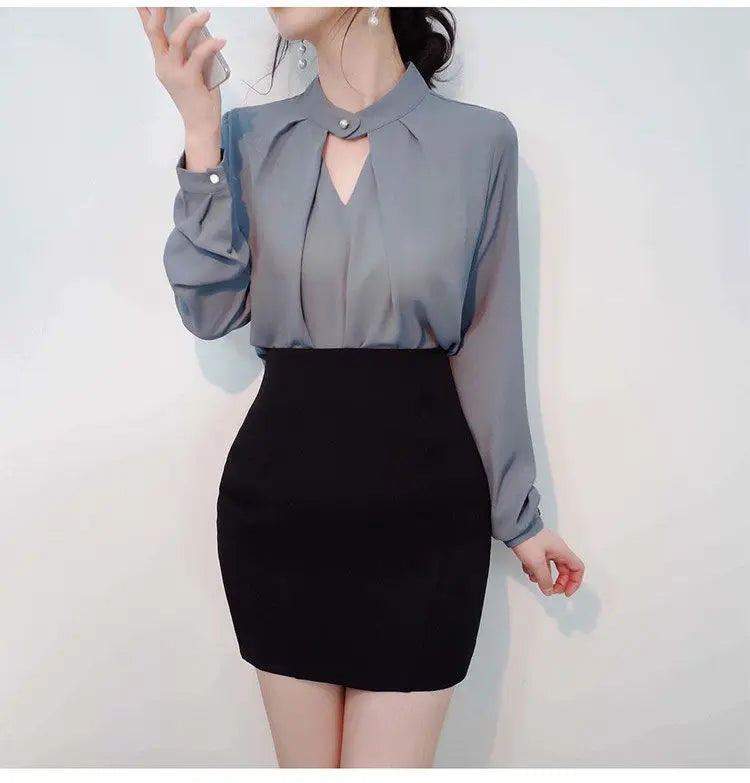Solid Blouses Women Chiffon Shirts Long Sve flattering Hollow chic All-match Basic Spring Summer Tops Thin Chic Elegant Female Ins