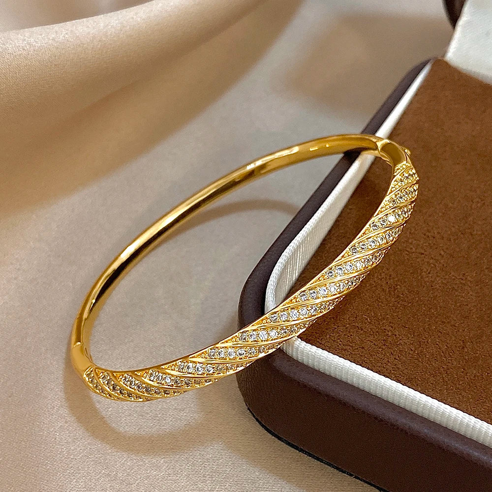 Twisted Micro Zircon Cuff Bracelet | Gold Plated Stacked Bangle for Women