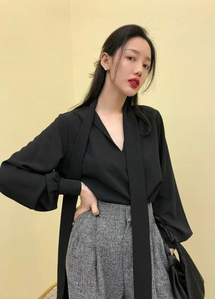 V-Neck Lace-Up Korean Office Blouse