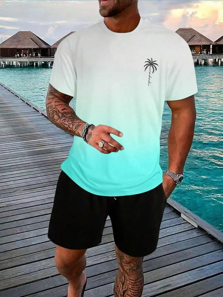 Men's Gradient Print Short Sleeve & Shorts Summer Set