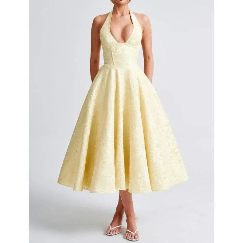 Deeptown Elegant  Evening Party Dresses Women Korean Style Halter V-neck Dress Sweet Backless Yellow Summer Solid Midi Dress