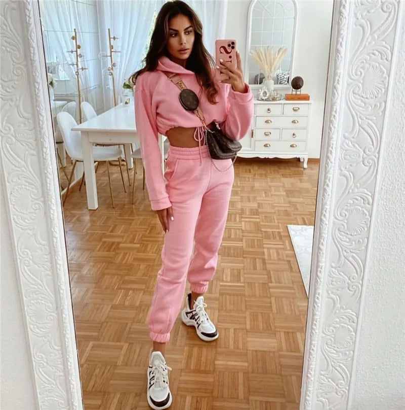 Winter Tracksuit Women Two Piece Set - Oversized Hoodie Sweatpants Solid Color Sportswear Suit |Casual Sweatshirt Trouser Set