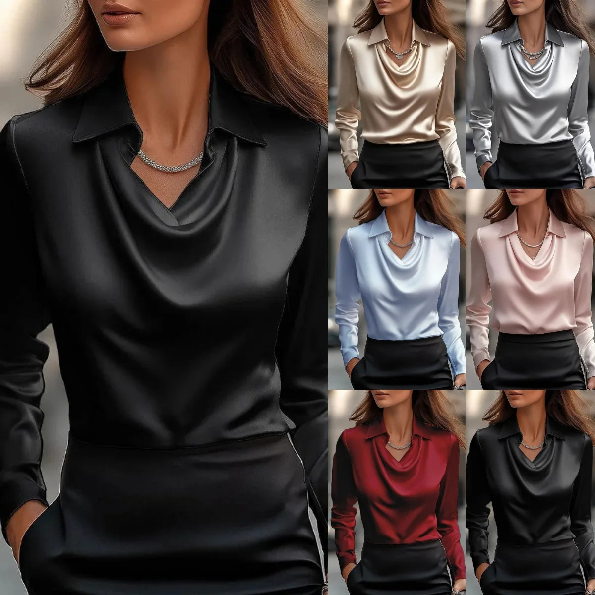 Solid Color Long Sve Office Blouse