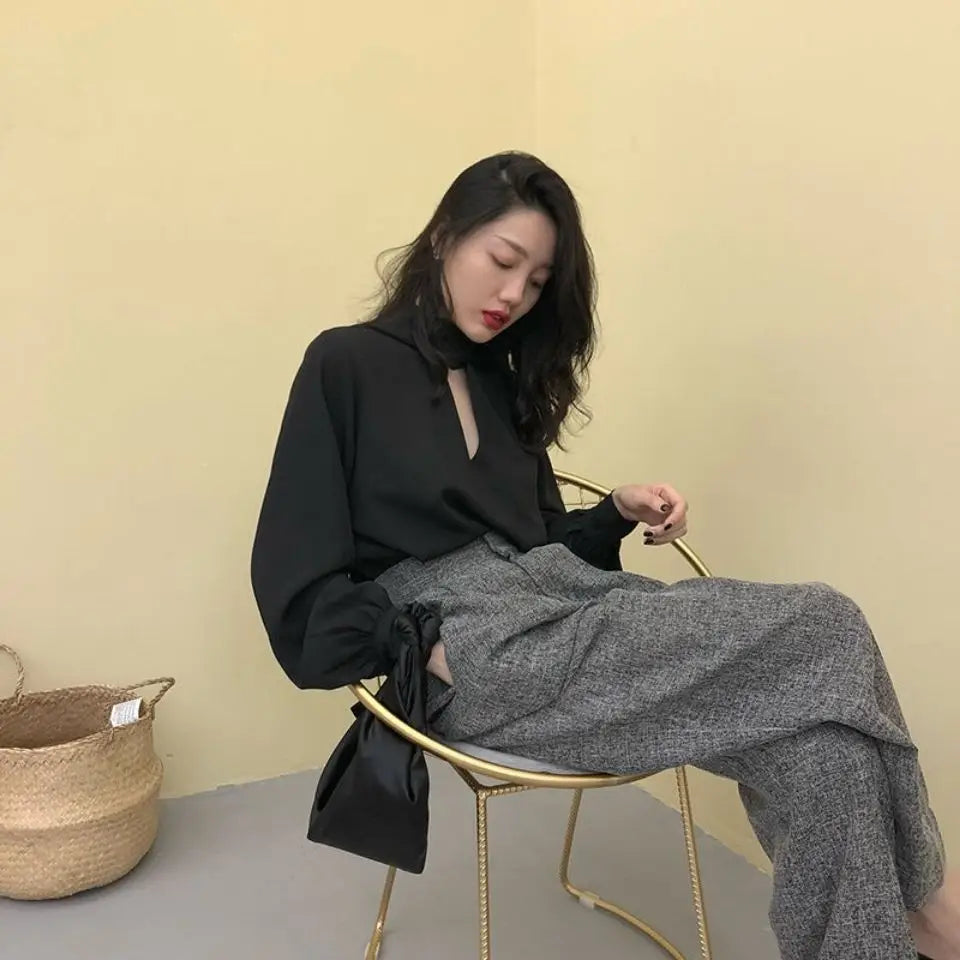 V-Neck Lace-Up Korean Office Blouse
