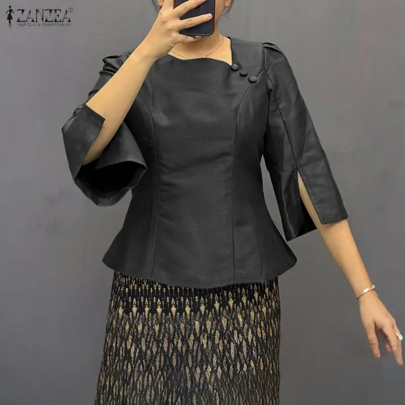 Elegant Office Lady Blouse | 3/4 Puff Sleeve Casual Solid Tunic Top | Loose Summer Shirt