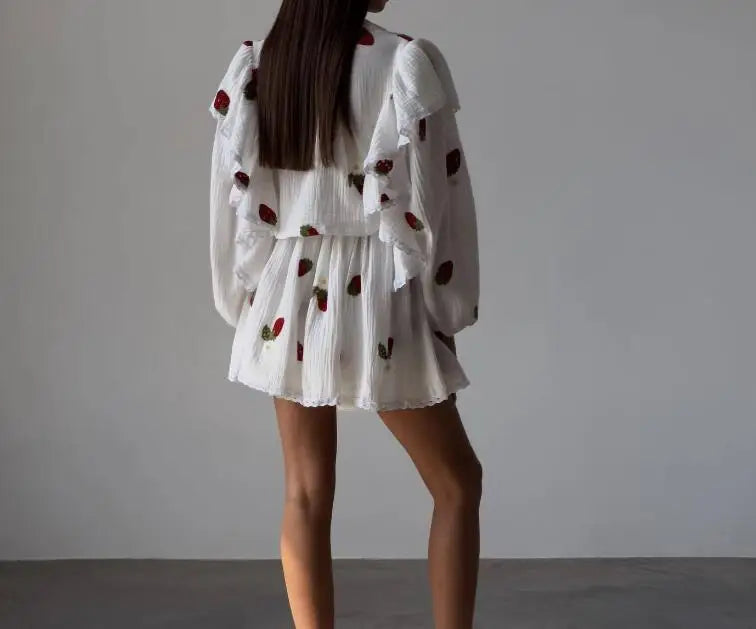 Ruffle Edge Long Sleeved Printed Shirt + Elastic Waist Short Skirt Set