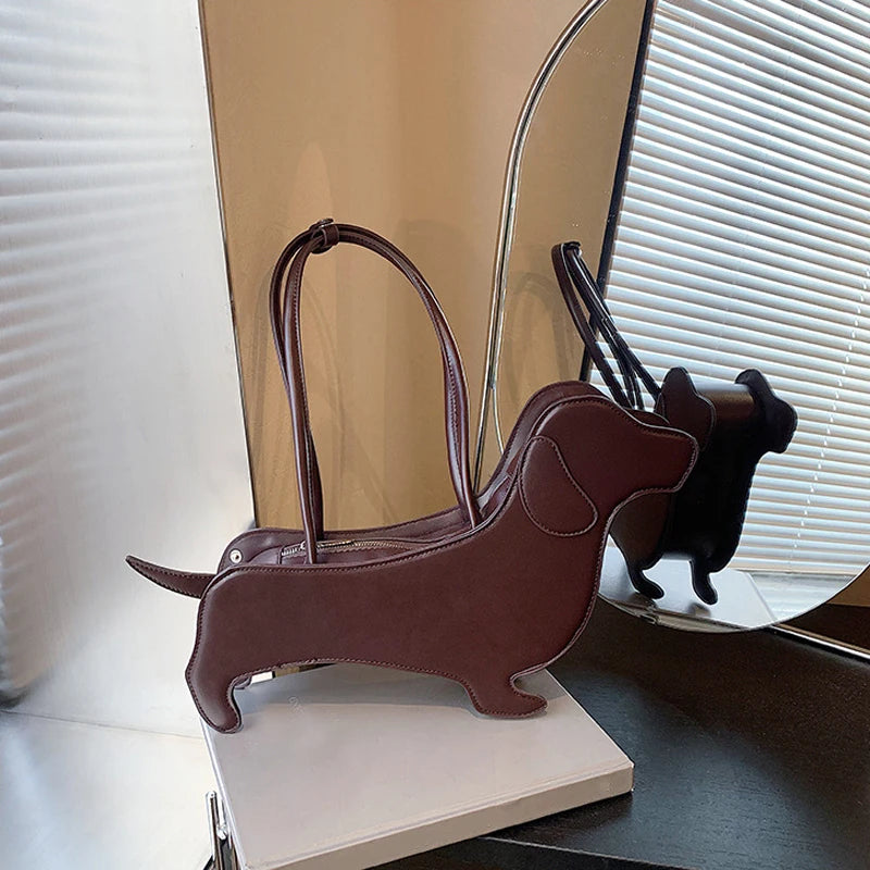 Three-dimensional Dachshund Shoulder Bag PU Leather Retro Handbag Design Underarm Bag For Women Trend Commut Bag