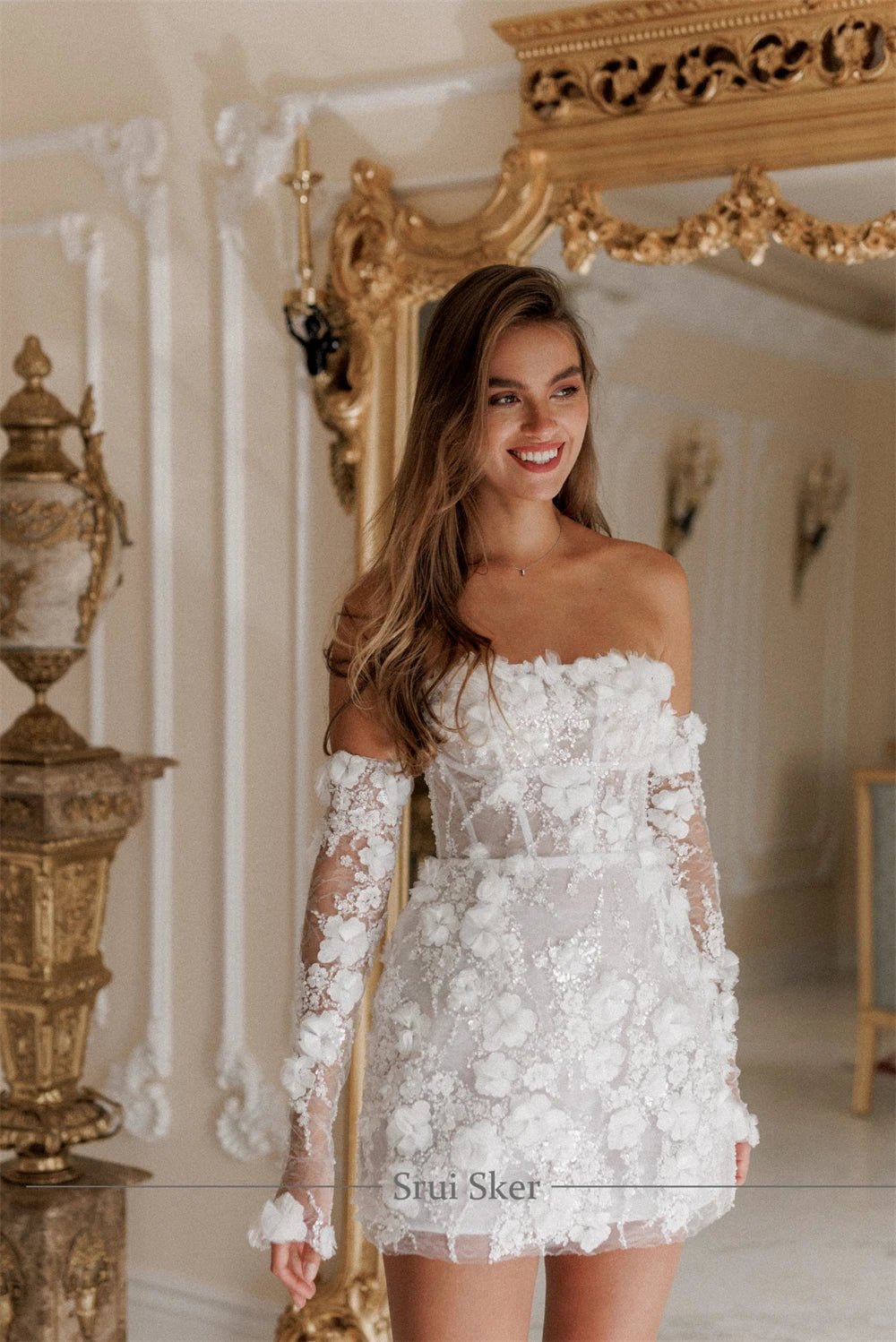 Detachable Long Sleeve Mini Wedding Dress | 3D Flower Lace Beaded Bridal Dress - Nitamoje