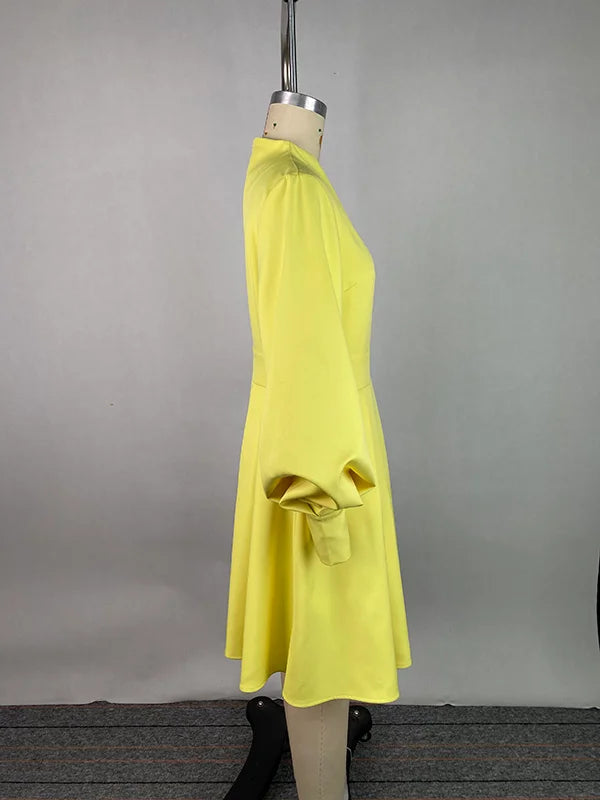 Gymystars Long Dresses with Sleeves Yellow Summer Dress Woman 2026 Fashion A-Line V-Neck Casual Pleated Party Mini Dress Female